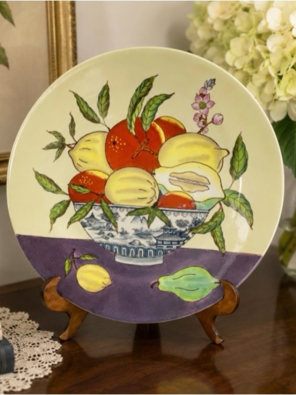 VTG Asian Porcelain Fruit Bowl Display Plate 12" Blue & White Chinoiserie Lemons
